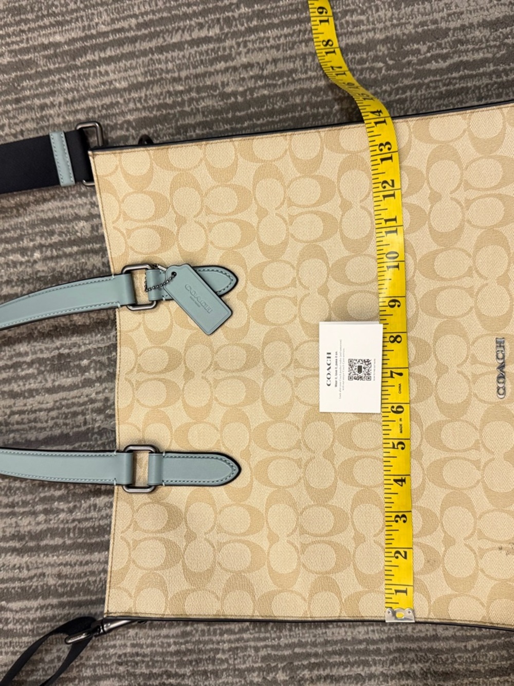 Coach Beige Signature Canvas Tote with Light Blue Trim - Picture 15 of 16